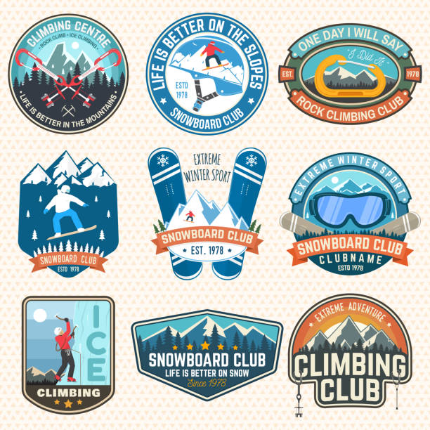 ilustrações, clipart, desenhos animados e ícones de conjunto de patches de clube de snowboard e escalada em rocha. vector. conceito de patch, camisa, impressão, carimbo. tipografia vintage com silhueta snowboarder, alpinista e montanha. esporte radical. - exploration mountain ice jumping