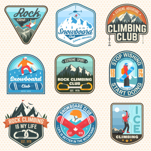 ilustrações, clipart, desenhos animados e ícones de conjunto de patches de clube de snowboard e escalada em rocha. vector. conceito de patch, camisa, impressão, carimbo. tipografia vintage com silhueta snowboarder, alpinista e montanha. esporte radical. - exploration mountain ice jumping