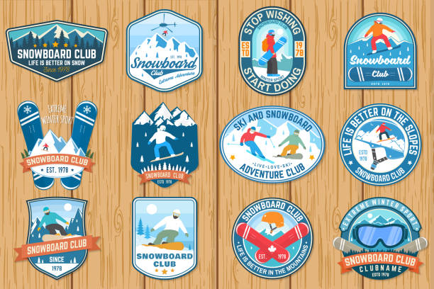 ilustrações, clipart, desenhos animados e ícones de conjunto de snowboard club patches. vector. conceito para remendo, camisa, impressão, carimbo ou t. tipografia vintage com silhueta snowboarder e montanha. esporte radical. - esporte de inverno