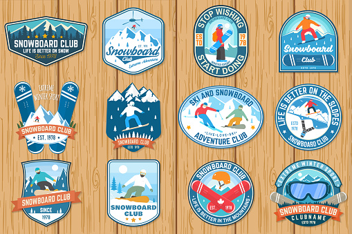 Set of Snowboard Club patches. Vector illustration. Concept for patch, shirt, print, stamp or tee. Vintage typography design with snowboarder and mountain silhouette. Extreme winter sport.