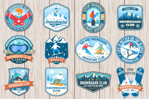 satz von snowboard-club patches. vektor. konzept für den patch, shirt, druck, stempel oder abschlag. vintage typografie design mit snowboarder und berg silhouette. extremer sport. - skiing ski snow competition stock-grafiken, -clipart, -cartoons und -symbole