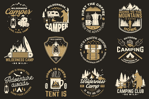 Summer camp. Vector. Concept for shirt or patch, print, stamp or tee. Vintage typography design with rv trailer, camping tent, campfire, bear, coffee maker, pocket knife and forest silhouette.