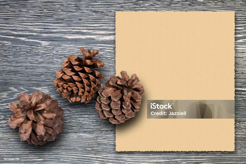 Шаблон рождественской поздравительной открытки с тремя кедровыми конусами на фоне серой деревянной доски и пустого винтажного листа бума� - Стоковые фото Pinaceae роялти-фри