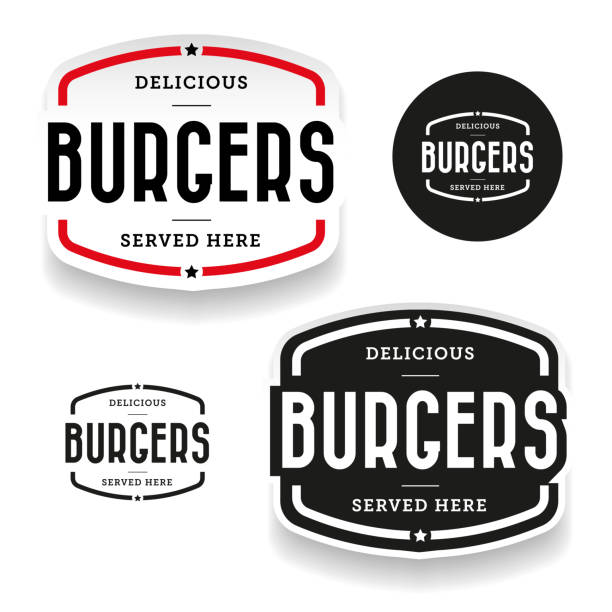 illustrazioni stock, clip art, cartoni animati e icone di tendenza di burgers set di etichette vintage - ristorante