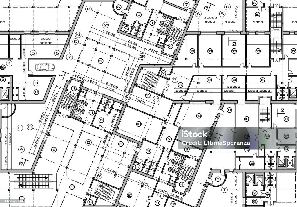 Plan de proyecto de construcción. Vista superior de fondo arquitectónico vector - arte vectorial de Cianotipo - Plano libre de derechos