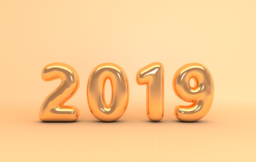 New year 2019 celebration background. Gold metallic numerals 2019, patel beige studio room . Trendy illustration for New Year's and Christmas banners. 3d rendering.
