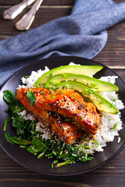 istock Salmon teriyaki rice bowl with spinach and avocado 1072676838