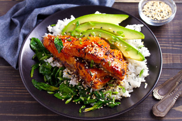 istock Salmon teriyaki rice bowl with spinach and avocado 1072677244