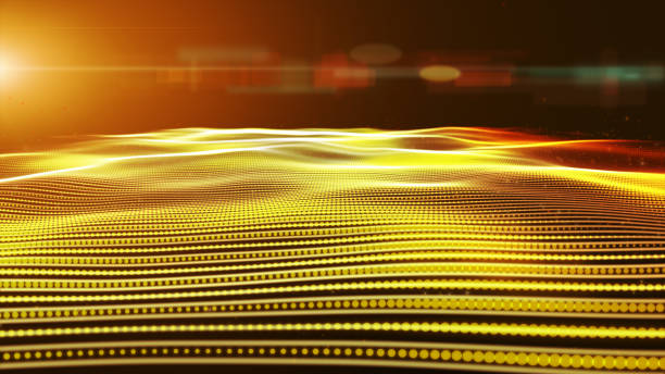 istock Digital abstract particles form grid lines, Gold yellow orange wavy wave surface. 1072677630