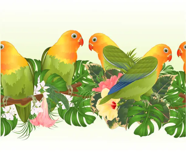 Vector illustration of Tropical border seamless background Parrots Agapornis lovebird tropical birds  standing on a branch and Brugmansia with pink and yellow hibiscus  vintage  vector illustration editable