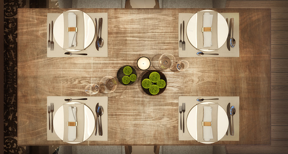 Top view of table setup for modern Arabic restaurant, concept, wooden distressed table, 3d render