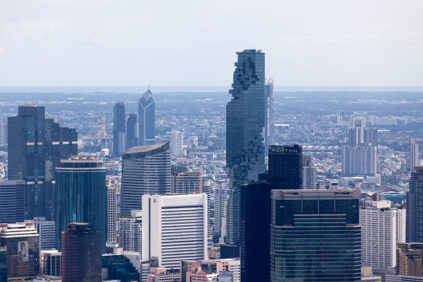 Aerial view of the MahaNakhon Bangkok, Thailand - September 17 2018: Aerial view of the MahaNakhon, a mixed-use skyscraper in the Silom/Sathon central business district. silom stock pictures, royalty-free photos & images