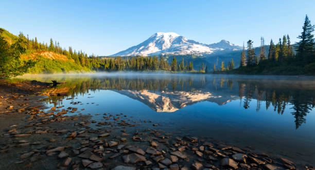 Bench Lake in Mt Rainier NP Bench lake is a small beautiful lake on Snow Lake trail in Mt Rainier National Park. mt rainier national park stock pictures, royalty-free photos & images