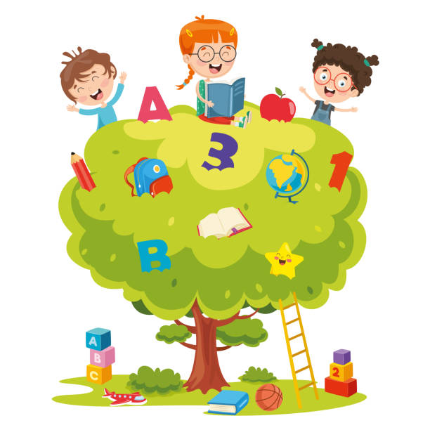illustrations, cliparts, dessins animés et icônes de illustration vectorielle des enfants étudiant sur arbre - preschooler