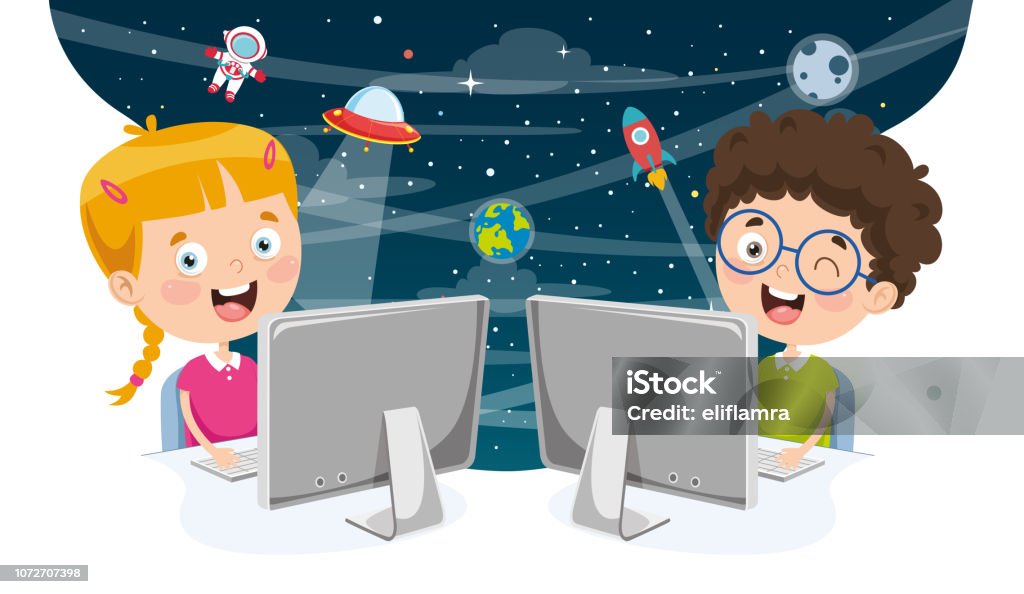Child Using Computer Outline Vector Illustration Of Kids Using Computer Stock Illustration ...