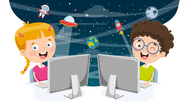 Vector Illustration Of Kids Using Computer Vector Illustration Of Kids Using Computer kids classroomv stock illustrations