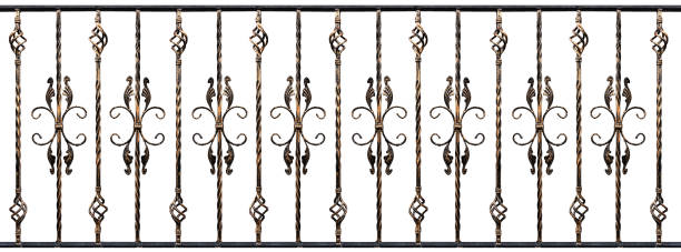 istock Samples of forged handrails with gilding effect, isolated on white background. Decoration handrails of stairs or balcony. Design template 1072711276
