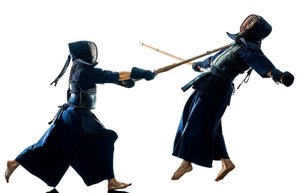 istock Kendo martial arts fighters silhouette isolated white bacground 1072719736