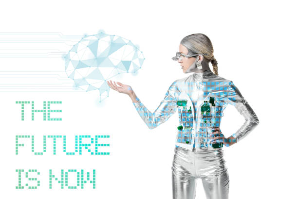 istock silver cyborg holding digital data isolated on white with 
