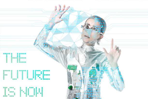 istock silver cyborg looking at digital data isolated on white with 