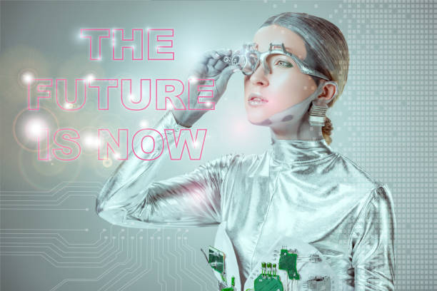 istock futuristic silver cyborg adjusting eye prosthesis and looking at 