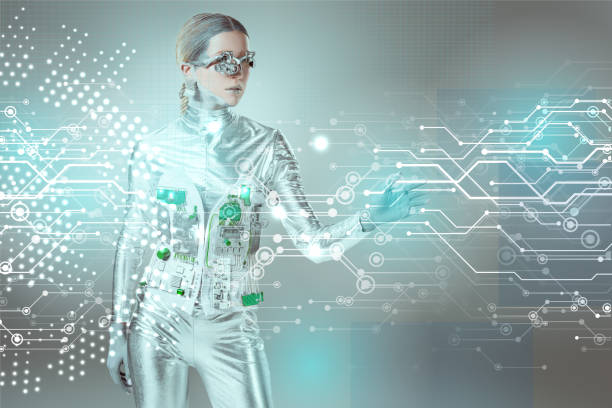 istock silver robotic woman touching digital data with hand on grey, future technology concept 1072734266