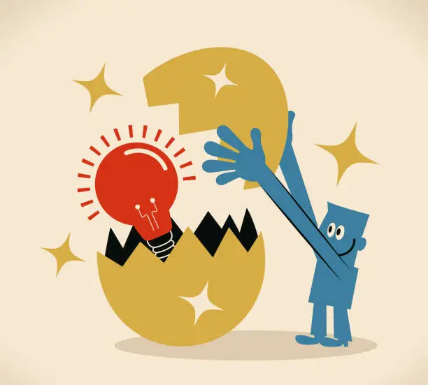 Vector illustration of Smiling blue man breaking a big gold egg to find an idea light bulb