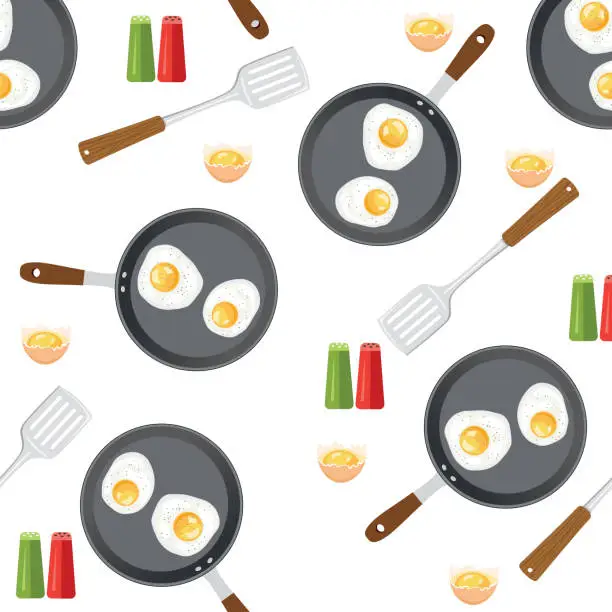 Vector illustration of Frying pan With Eggs Breakfast Foods Seamless Pattern