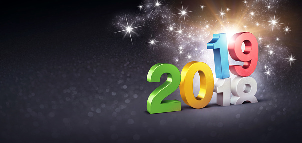 New Year 2019 colorful date number, above ending year 2018, glittering on a festive black background - 3D illustration