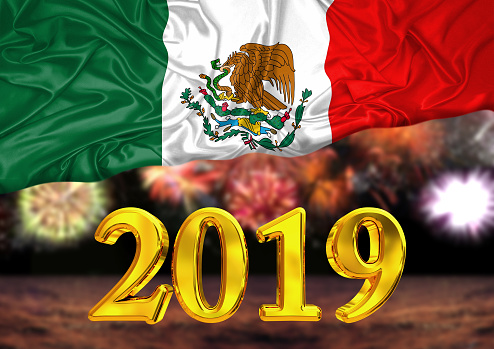 number 2019, new year, behind the flag of Mexico, background fireworks. national new year celebration