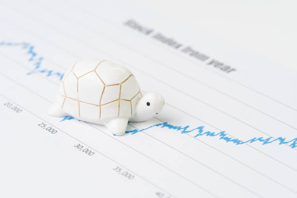 Sustainable with long term investment concept, miniature decorate turtle or tortoise slow walking on rising growth stock market value graph, value investment concept stock photo