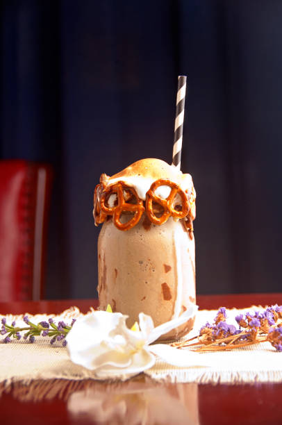 Iced chocolate milk drink with cookies