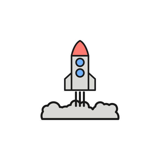 アイコンを脱いでロケット。スペース概要色アイコンの要素。ウェブサイトのデザイン、開発、アプリ開発の細い線のアイコン。プレミアム アイコン - rocket taking off spaceship space点のイラスト素材／クリップアート素材／マンガ素材／アイコン素材