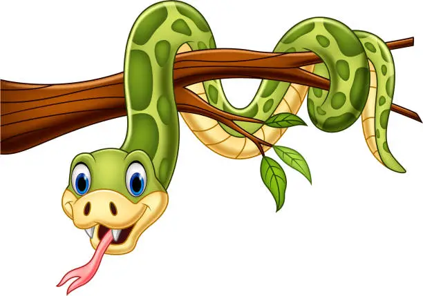 Vector illustration of Cartoon green snake on tree branch
