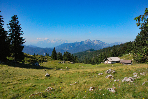 Kohler Alm mountain hut near Inzell, with Sonntagshorn at Chiemgau alps