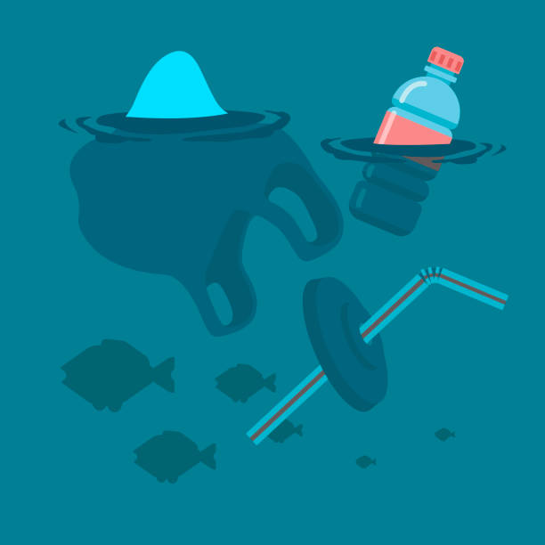 ilustrações, clipart, desenhos animados e ícones de usado saco plástico, garrafa e palha de recipiente refrigerantes flutuando em um oceano calmo, poluindo o ambiente aquático. ilustração em vetor plana. - water pollution chemical garbage plastic