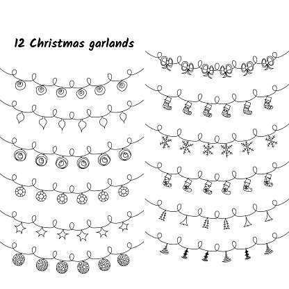 Vector set of Christmas lights and garlands. Doodle hand drawn.