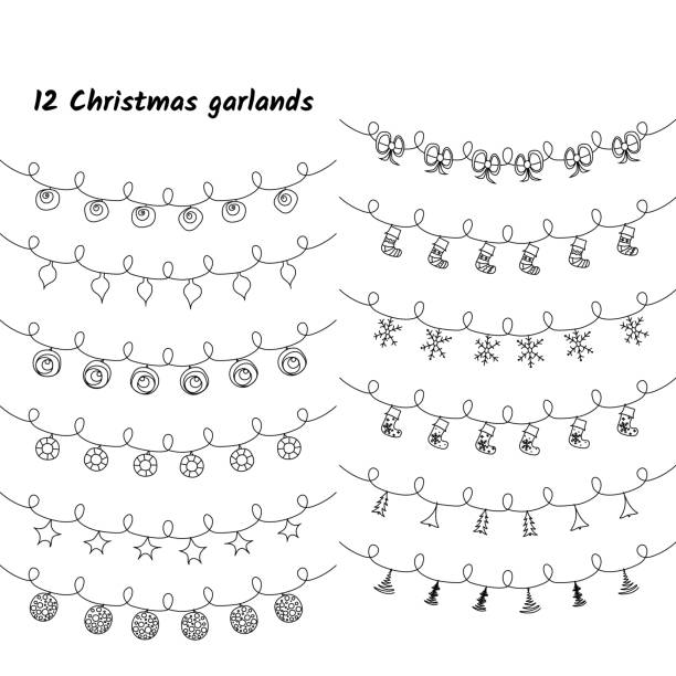 Vector set of Christmas lights and garlands Vector set of Christmas lights and garlands. Doodle hand drawn. fountain pen pattern writing instrument pen stock illustrations
