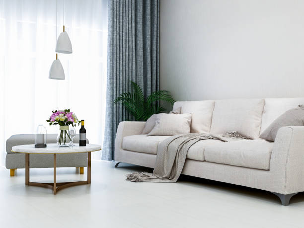 istock Modern clean and simple living room design, couch and coffee table, coffee table and other things, a green plant in the corner 1072836212