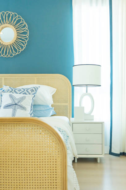 istock beautiful bedroom with blue wall and white table lamp. 1072844392