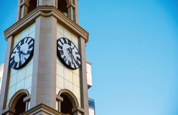 A close-up of a clock tower in a square serving as a milestone