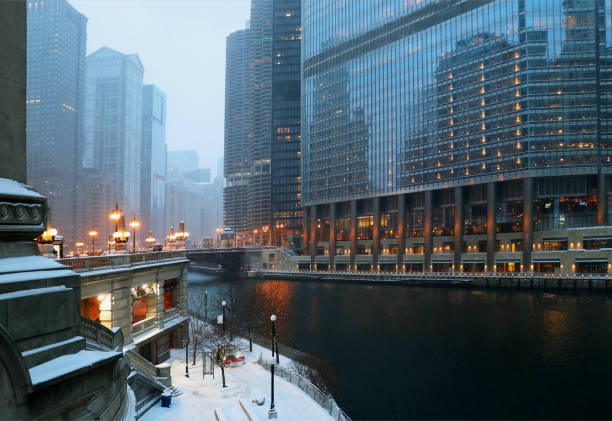 Beautiful winter night in Chicago. stock photo