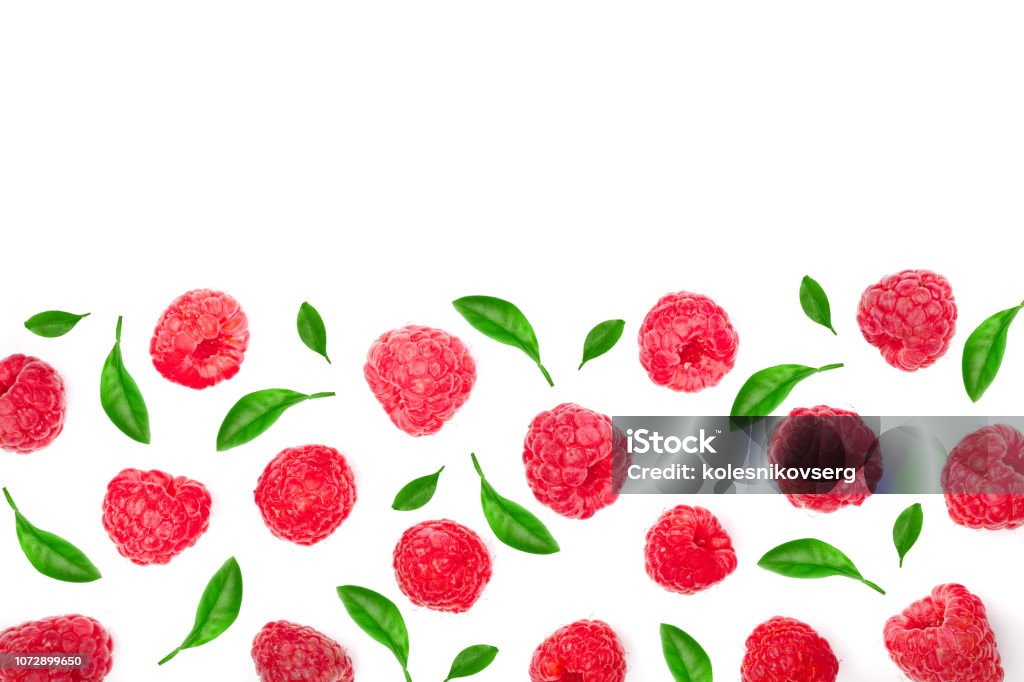 Raspberry Flat Lay Raspberries With Leaves Isolated On White Background With Copy Space ...