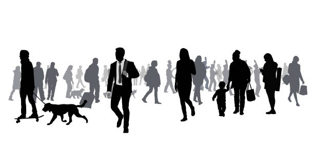 Very Large Crowd Walking Very large crowd of people walking in all directions pics of a marching band stock illustrations