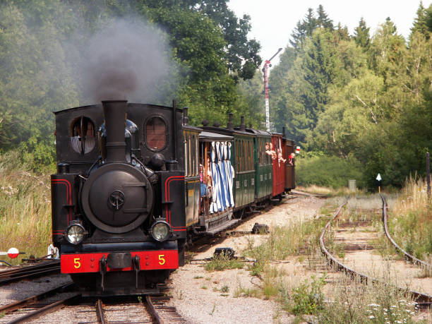 Vintage steam train Laggesta, Sweden - July 24, 2003: Vintage narrow gauge museum passenger train arriving at the Laggasta station on its journey from Mariefred. mariefred stock pictures, royalty-free photos & images