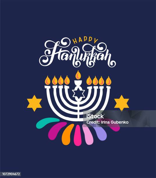 Vector Lettering Text Hanukkah Candle Jewish Festival Of Lights Celebration Festive Background Menorah David Star Stock Illustration - Download Image Now