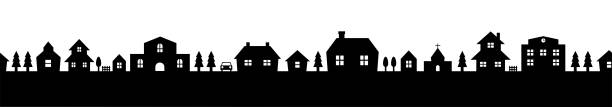 ilustracja sylwetki pejzażu miasta (bez szwu) - seamless house pattern town stock illustrations