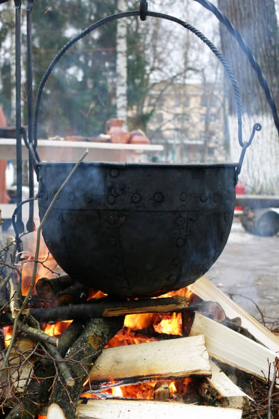 istock Cooking over fire in the woods in winter. 1072920242