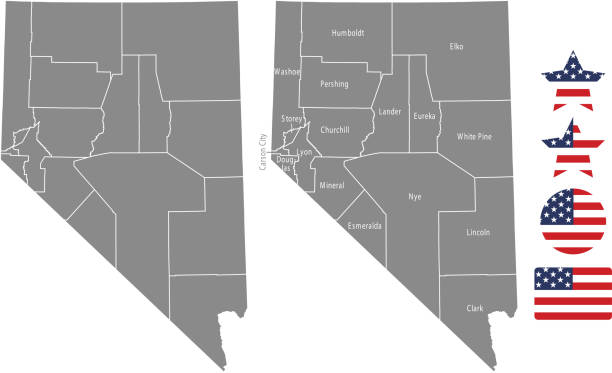 ilustraciones, imágenes clip art, dibujos animados e iconos de stock de esquema de vectores nevada mapa condado en fondo gris. mapa de estado de estados unidos de nevada con nombres de condados etiquetados y diseños de ilustración de vector de estados unidos bandera icono - clark county