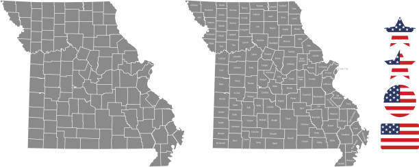 회색 배경에서 미주리 카운티 지도 벡터 개요입니다. 미주리 주의 미국의 지도 군 이름으로 분류 하 고 미국 플래그 아이콘 벡터 일러스트 레이 션 디자인 - clayton stock illustrations